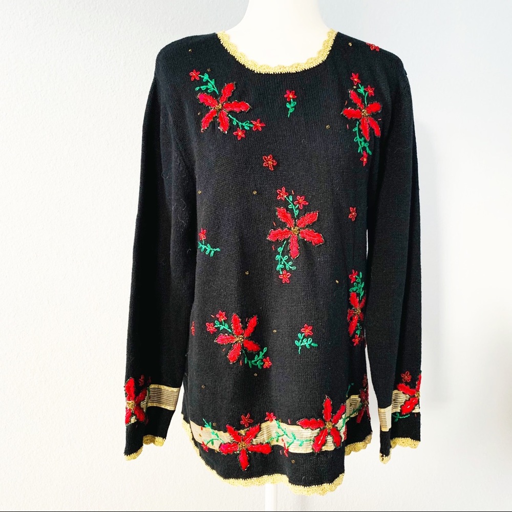 Vintage Black Poinsettia Christmas Sweater Sz Med